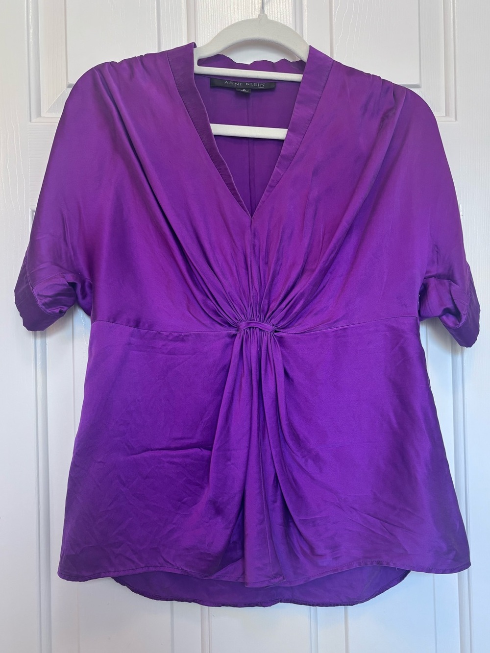 100% Silk Anne Klein V-Neck Twist-Front Purple Blouse